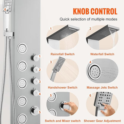 VEVOR Shower Tower, 4 Shower Modes Shower Tower System, Rainfall, Waterfall, 5 Full Body Massage Jets and 3-Setting Handheld Shower Head with 59" Hose, Stainless Steel Wall-Mounted Shower Set