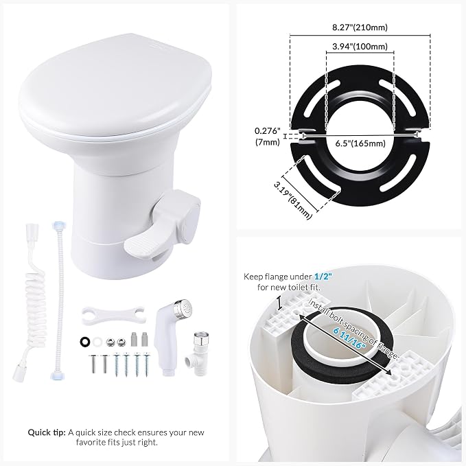 Yescom RV Toilet with Bidet Spray Porcelain Enamel Elongated Gravity Flush | Foot Pedal Toilet for Motorhome Caravan Travel Tailer 20" Seating Height Portable Restroom Toilet Fits for Marine