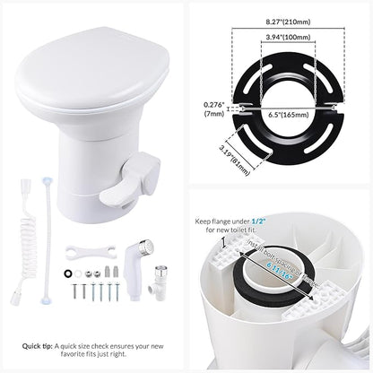 Yescom RV Toilet with Bidet Spray Porcelain Enamel Elongated Gravity Flush | Foot Pedal Toilet for Motorhome Caravan Travel Tailer 20" Seating Height Portable Restroom Toilet Fits for Marine