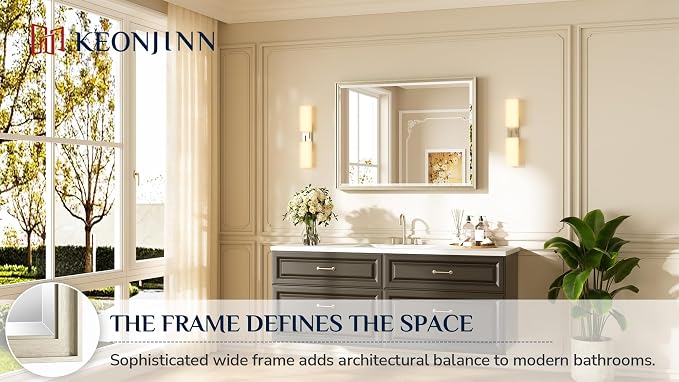 Keonjinn 40" x 30" Brushed Nickel Bathroom Vanity Mirror, HD Tempered Glass | Effortless French Cleat Installation, Aluminum Alloy Frame, Decorative Silver Wall Mirror for Living Room, Entryway, Bedroom