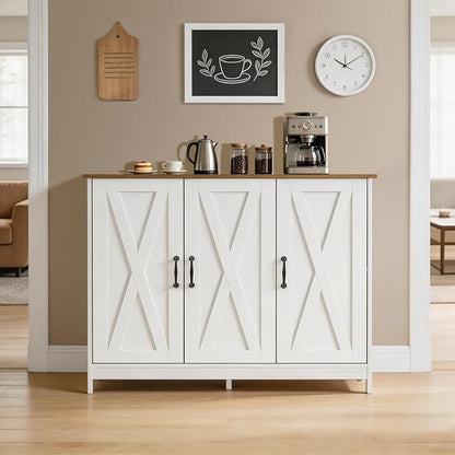 Farmhouse Buffet Storage Cabinet, 3-Door Sideboard Cabinet with Adjustable Shelves, Wood Countertop Freestanding Credenza for Kitchen, Living Room, White