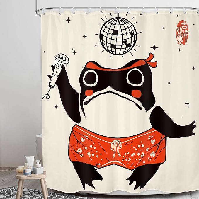LGhtyro Funny Frog Shower Curtain Bathroom Set 60Wx71H Inches Retro Asian Style Traditional Japanese Art Animal Lantern Ball Microphone Bath Accessories Cute Art Home Decor Fabric 12 Pack Hooks