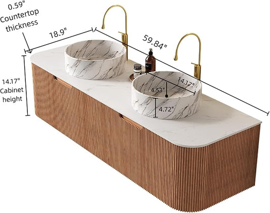60'' Bathroom Vanities Cabinet with Sink, Wall Mounted Floating Cabinet W/Curved Edges Stripes, Oak Plywood, Soft-close System with 2 Drawer & 2 White Round Ceramic Basin - Kiel, Natural Wood/S
