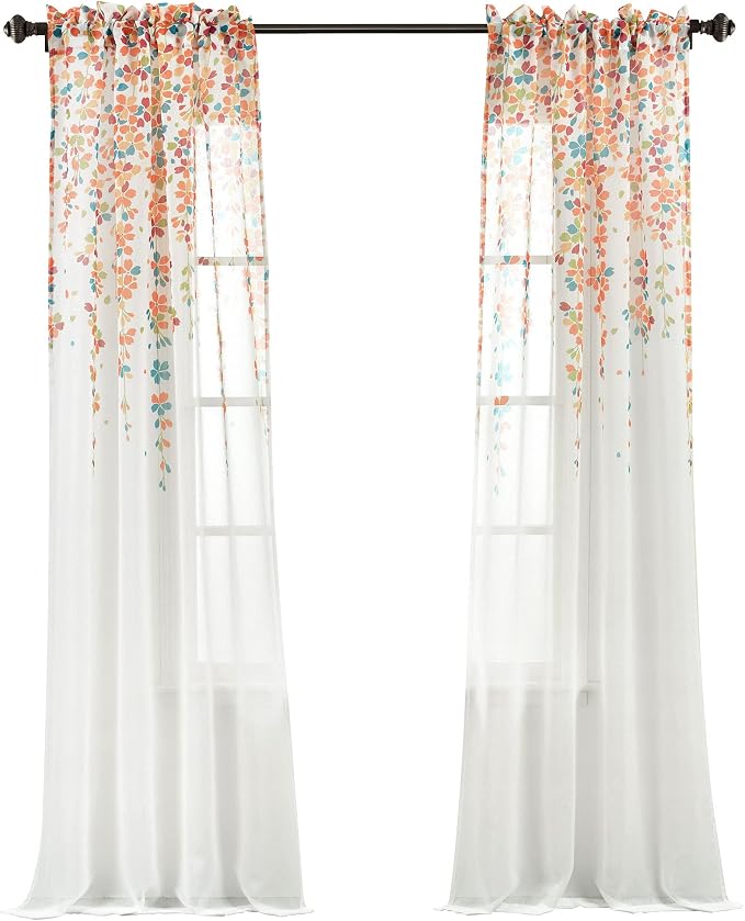 Lush Decor Weeping Flower Sheer Window Curtain Panels, Pair, 38" W x 84" L + 2" Header, Turquoise & Tangerine - Farmhouse Sheer Curtains - Floral Curtains for Living Room, Bedroom & Dining Room
