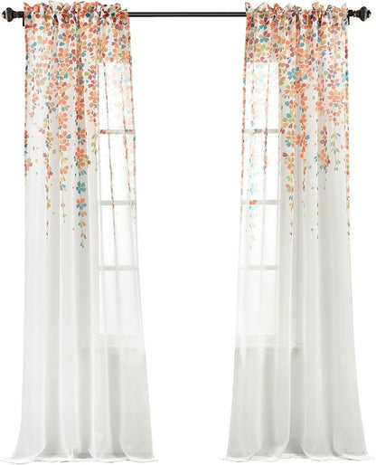 Lush Decor Weeping Flower Sheer Window Curtain Panels, Pair, 38" W x 84" L + 2" Header, Turquoise & Tangerine - Farmhouse Sheer Curtains - Floral Curtains for Living Room, Bedroom & Dining Room