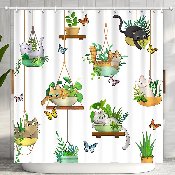 Hanging Potted Plants Cat Shower Curtain, Bracketplant KittyShower Curtain for Bathroom with 12 Hooks Polyester Fabric Waterproof Shower Curtain Sets Machine Washable Kids Bath Curtain