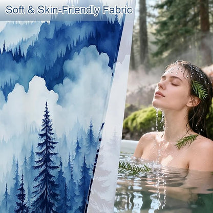 Litabel Navy Blue Small Stall Misty Pine Forest Shower Curtain 36 x 72, Mountain Foggy Woodland Scenery Tree Narrow Half Size Shower Curtains for Bathroom, Abstract Waterproof Nature-Themed Decor