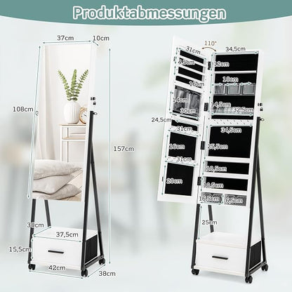 COSTWAY Jewellery Cabinet with Mirror, Jewellery Mirror Cabinet with Drawer, on Wheels, Lockable, Freestanding, 42 x 38 x 157 cm (White)