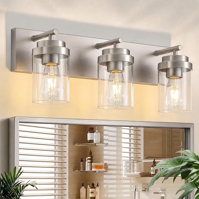 3-Light Bathroom Light Fixtures, Brushed Nickel Vanity Lights | Modern Bathroom Lighting Fixtures Over Mirror, Vanity Lights for Bathroom, Mirror, Restroom, Bedroom, E26