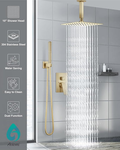 Aolemi Shower System with Rain Head and Handheld,10-Inch,Brushed Gold | High-Pressure Shower Faucet Set with Dual-Function Handheld,Rough-In Valve,1.8 GPM,Ceiling Mount Trim Kit