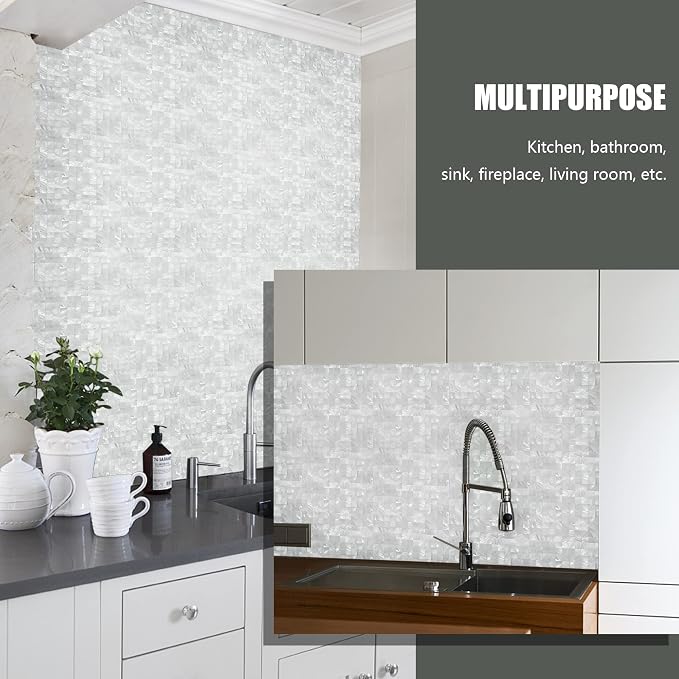 KASARO Peel and Stick Backsplash Shell Tiles, Mother of Pearl Mosaic Self Adhesive Tiles for Kitchen Wall Bathroom Bedroom Decor, White, 6-Sheet | Waterproof self-adhesive mosaic tiles with 6 sq ft coverage for kitchen backsplash, bathroom walls and ea...