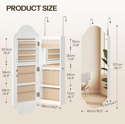 HOOBRO Jewelry Cabinet Wall/Door Mounted, LED Jewelry Organizer, Lockable | Jewelry Armoire, Hanging Jewelry Cabinet with Storage, Wide Full Length Mirror, 4.1 x 16.5 x 42.5 Inches, White