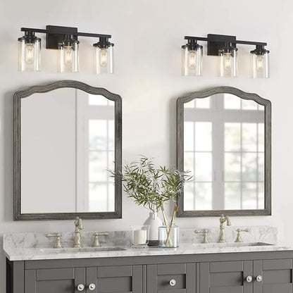 3 Light Black Bathroom Vanity Light Fixtures with Clear Glass Shade, Modern Wall Sconces Lighting for Bathroom Over Mirror