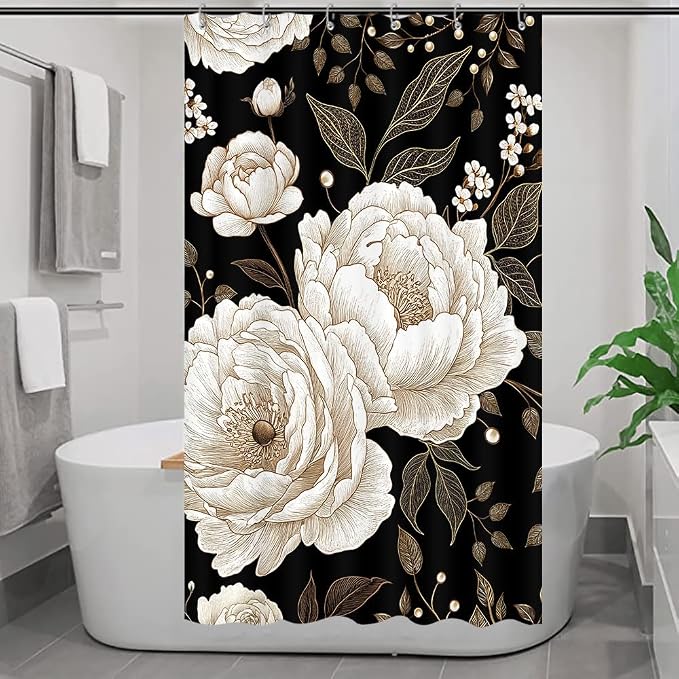 Black and Gold Stall Shower Curtain, Dark Roses Leaves Botanical Aesthetic Boho Floral Small Shower Curtain for Bathroom with Hook, Vintage Rose Gold Flowers Fabric Unique Chic Shower Curtain 36X72