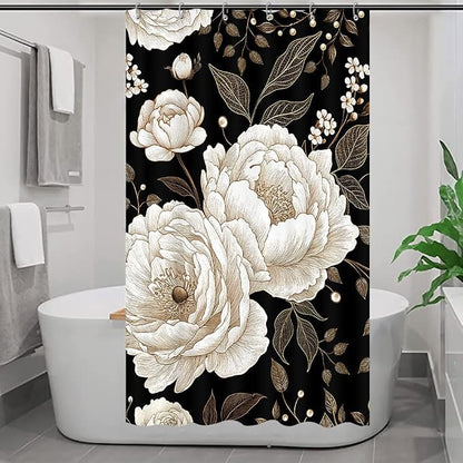 Black and Gold Stall Shower Curtain, Dark Roses Leaves Botanical Aesthetic Boho Floral Small Shower Curtain for Bathroom with Hook, Vintage Rose Gold Flowers Fabric Unique Chic Shower Curtain 36X72