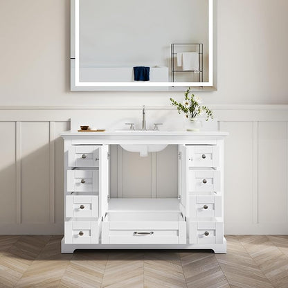 WELLFOR 48" Bathroom Vanity with Sink, Bathroom Freestanding Vanity W/ 2 Soft-Close Doors and 9 Soft-Close Drawers, Bathroom Cabinet Vanity with Engineered Stone Countertop, White