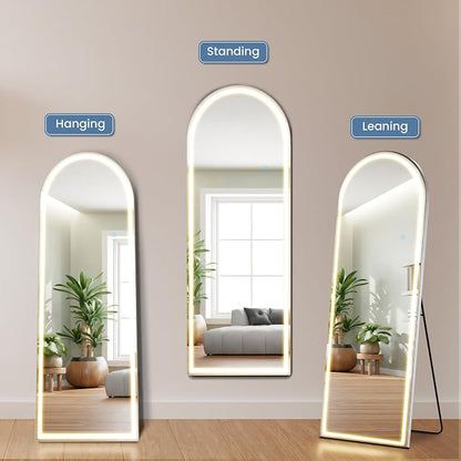 DUMOS Arched LED Mirror Full Length Standing, 63"x20" Full Body Wall Mirror | LED Lights 3 Color Lighting and Shatterproof Tempered Glass, Wall Hanging or Leaning, Floor Standing, Modern Home Decor