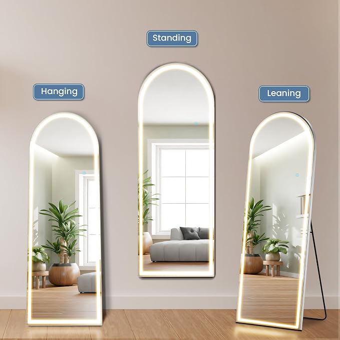 DUMOS Arched Full Length Mirror Lighted, 20"x63" LED Floor Standing Mirror | LED Lights 3 Color Lighting and Shatterproof Tempered Glass, Wall Hanging or Leaning, Floor Standing, Modern Home Decor