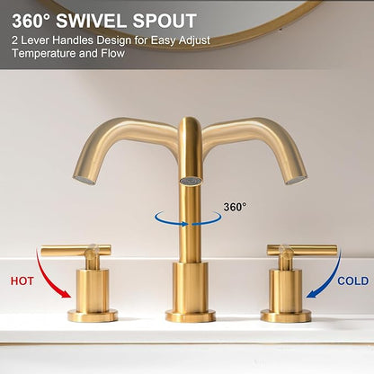 Brushed Gold Bathroom Faucet for Sink 3 Hole, 8 inch Widespread Bathroom Faucets | Brass Gold Vanity Faucets with 360° Swivel Spout 2 Handle Gold Sink Faucet with Drain & Supply Hoses