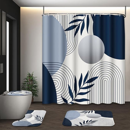 Bathroom Sets with Shower Curtain and Rugs, 4 Pcs, Boho Leaf | Abstract Mid Century Geometric Bathroom Decor Set with Toilet Lid Cover, Non-Slip Bath Mats and Accessories 12 Hooks