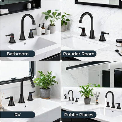 Bathroom Faucets for Sink 3 Hole 8 Inch Widespread 2 Handle Bathroom Faucet with Pop-up Drain and 360° Swivel Spout,Matte Black