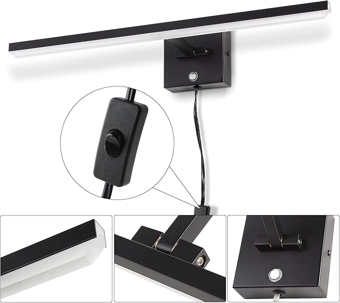 MantoLite Plug in Wall Sconces with Switch Dimmable 22inch LED Black Bathroom Wall Light Indoor Lightings Vanity Light with Ajustable Arm Bedside Reading Lamp, Pulg in Display Lamps 6000K 12W