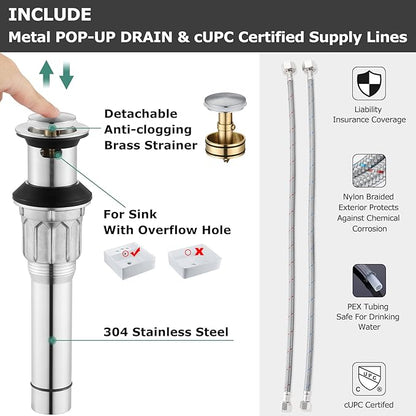 Brushed Nickel Widespread Bathroom Sink Faucet 8 Inch for Vanity | with All Metal Pop Up Drain, High Arc 2 Handle Lead-Free Deck Mount Bathroom Faucet for 3 Hole Lavatory Utility Sink