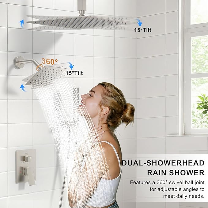 Rain Shower System 12" & 6" Dual Shower Heads Ceiling Shower Faucet Set | Ideal for bathroom remodels and upgrades with 12" rain shower, 6" angled shower, handheld spray and complete valve kit.
