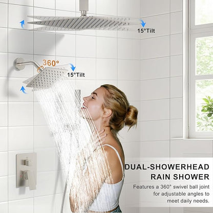 Rain Shower System 12" & 6" Dual Shower Heads Ceiling Shower Faucet Set | Ideal for bathroom remodels and upgrades with 12" rain shower, 6" angled shower, handheld spray and complete valve kit.