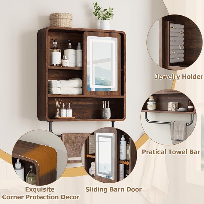 Modern Bathroom Wall Cabinet, Medicine Cabinets with Mirror, Over The Toilet Storage Cabinet for Bathroom, Towel Bar, Sliding Door, 3 Lighting Modes, Adjustable Brightness, Dark Walnut
