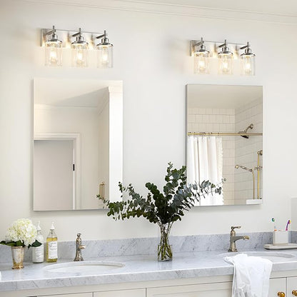 3-Light Brushed Nickel Bathroom Light Fixture Over Mirror Modern Bathroom Vanity Light Vintage Wall Lighting with Clear Glass Shade for Bathroom, Bedroom, Hallway, Cabinet