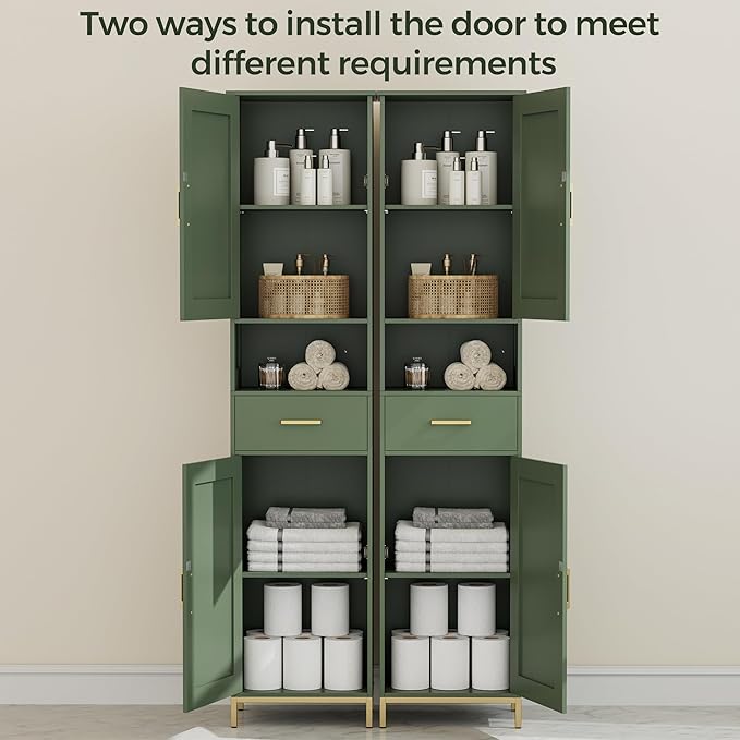 Homhedy 67" H Bathroom Storage Cabinet, Tall Bathroom Cabinet, Green | Narrow Cabinet with Doors and Drawer, Adjustable Shelves, Floor Cabinet for Bathroom, Living Room, Kitchen, Dining Room