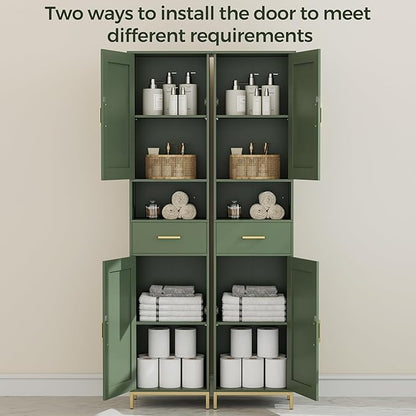 Homhedy 67" H Bathroom Storage Cabinet, Tall Bathroom Cabinet, Green | Narrow Cabinet with Doors and Drawer, Adjustable Shelves, Floor Cabinet for Bathroom, Living Room, Kitchen, Dining Room