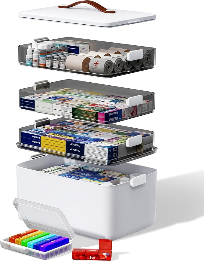4-Tier Medicine Cabinet Organizer with Leather Handle, Empty Plastic First Aid Kit, Multipurpose Storage Box with A Portable Weekly Pill Organizer for Family Emergencies, Home