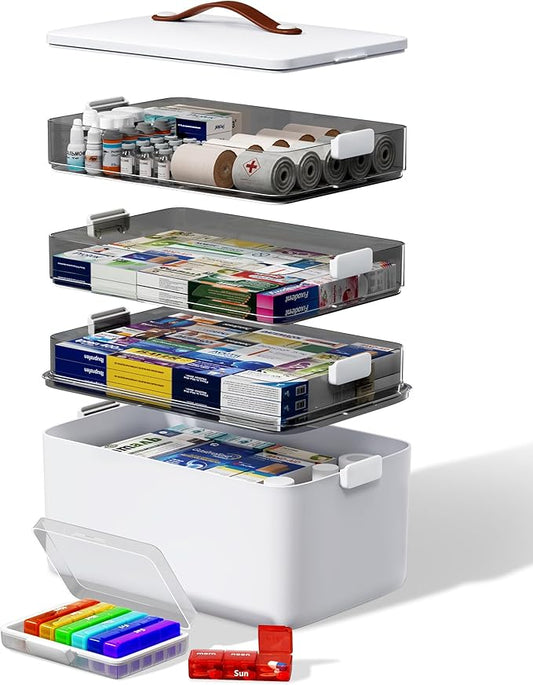 4-Tier Medicine Cabinet Organizer with Leather Handle, Empty Plastic First Aid Kit, Multipurpose Storage Box with A Portable Weekly Pill Organizer for Family Emergencies, Home