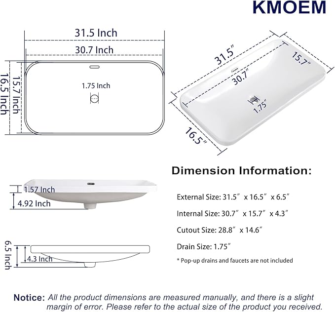 Vessel Sink 32"x17" Semi Recessed Bathroom Sink Drop-in White Bathroom Sink Porcelain Ceramic Modern Rectangular Sinks Drop-in Vanity Sinks with Overflow for Bathrooms
