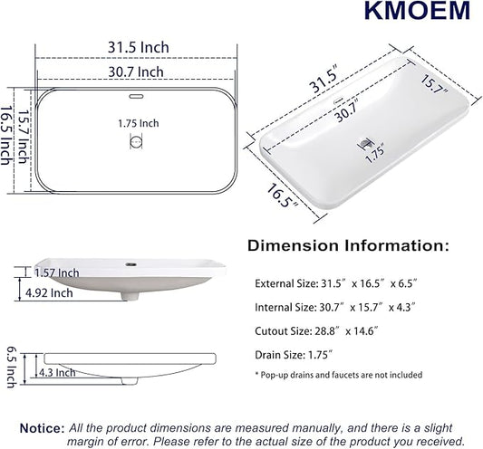 Vessel Sink 32"x17" Semi Recessed Bathroom Sink Drop-in White Bathroom Sink Porcelain Ceramic Modern Rectangular Sinks Drop-in Vanity Sinks with Overflow for Bathrooms