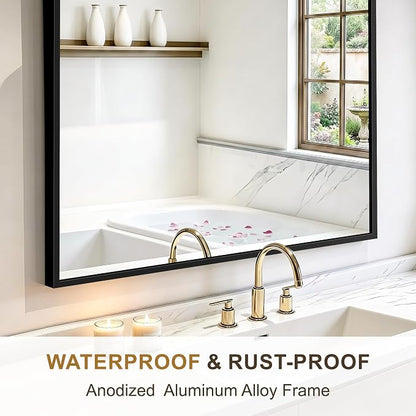 Rectangular Bathroom Mirror, 30"x20" Black Metal Framed Vanity Mirror | HD Shatterproof Wall Mirror, Horizontal or Vertical Hanging, Easy Installation for Bathroom, Bedroom, Living Room, Entryway