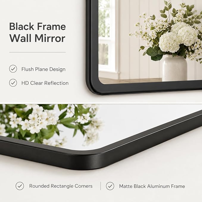 pertetey 28 x 36 in Rounded Rectangle Bathroom Mirror | Black Metal Frame, Tempered Glass, Wall Mounted