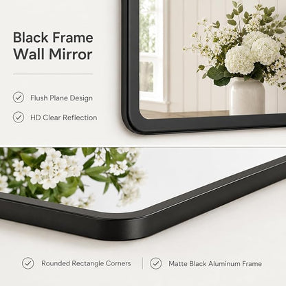 pertetey 28 x 36 in Rounded Rectangle Bathroom Mirror | Black Metal Frame, Tempered Glass, Wall Mounted