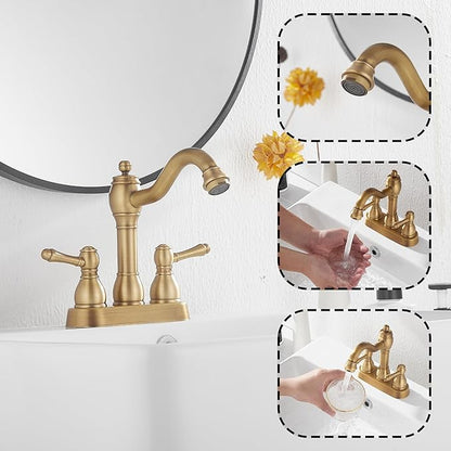 GGStudy Antique Brass Bathroom Faucet 2 Handles 4 Inches Centerset RV Bathroom Vanity Faucet with Drain Assembly and Supply Hose Lavatory Faucet