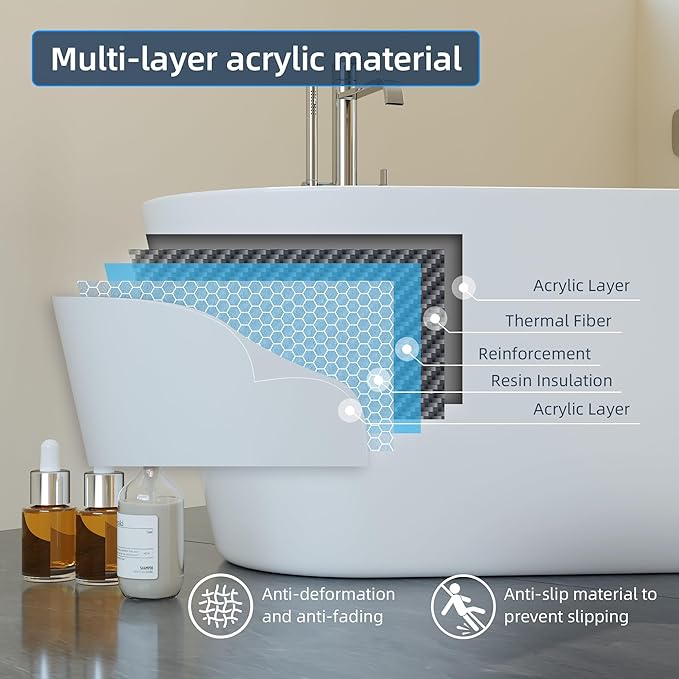 59 Inch Acrylic Freestanding Bathtub, Deep Soaking Tub with Non-Slip Base, CUPC Certified Free Standing Tub, Chrome Drain Bath Tub, Modern Tub for Bathrooms, White