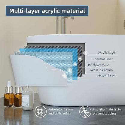 59 Inch Acrylic Freestanding Bathtub, Deep Soaking Tub with Non-Slip Base, CUPC Certified Free Standing Tub, Chrome Drain Bath Tub, Modern Tub for Bathrooms, White