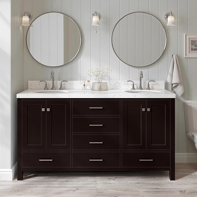 ARIEL Cambridge 66-inch Bathroom Vanity with Sink,Solid Wood, 1.5-inch Carrara White Quartz Countertop & Backsplash, Double Oval Porcelain Sink, 4 Soft Closing Doors, 6 Dovetail Drawers, Espresso