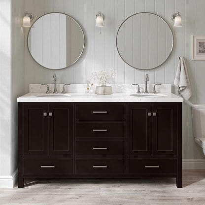 ARIEL Cambridge 66-inch Bathroom Vanity with Sink,Solid Wood, 1.5-inch Carrara White Quartz Countertop & Backsplash, Double Oval Porcelain Sink, 4 Soft Closing Doors, 6 Dovetail Drawers, Espresso