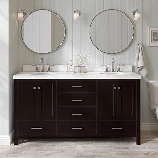 ARIEL Cambridge 66-inch Bathroom Vanity with Sink,Solid Wood, 1.5-inch Carrara White Quartz Countertop & Backsplash, Double Oval Porcelain Sink, 4 Soft Closing Doors, 6 Dovetail Drawers, Espresso