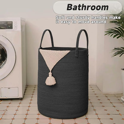 JMvicyroam 80L Cotton Rope Laundry Basket Hamper, Black | Collapsible laundry basket, reinforced handles, freestanding, machine washable, holds 3-5 thick blankets, clothes or toys