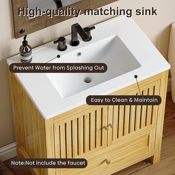 30" Bathroom Vanity with Single Sink, Solid Wooden Free Standing Bathroom Cabinet, Farmhouse Bamboo Storage Cabinet with Large Drawer, Soft-Closing Louvered Doors with Built-in Shelves