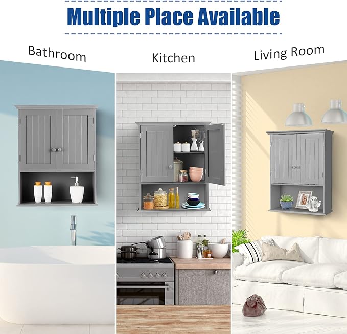 COSTWAY Wall Mounted Bathroom Cabinet, Over the Toilet Storage Cabinet | Double Doors & Adjustable Shelf, Wood Hanging Medicine Cabinet for Living Room, Entryway, Kitchen (Gray)