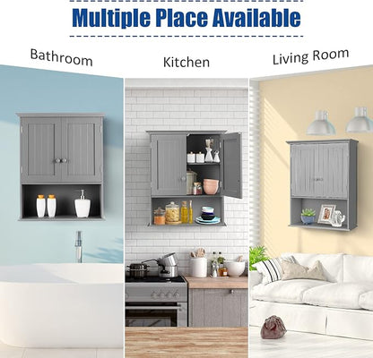 COSTWAY Wall Mounted Bathroom Cabinet, Over the Toilet Storage Cabinet | Double Doors & Adjustable Shelf, Wood Hanging Medicine Cabinet for Living Room, Entryway, Kitchen (Gray)